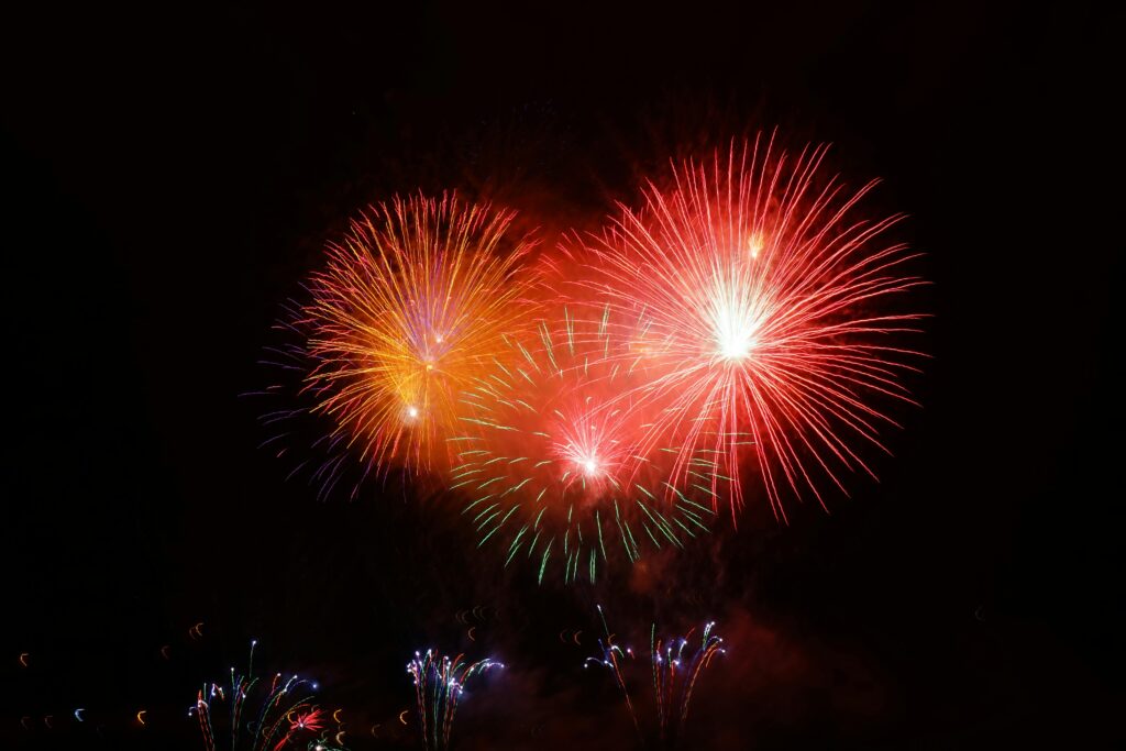 Colorful fireworks explode in the night sky, celebrating an event or festival.